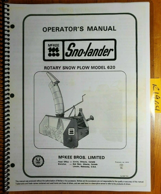 MCKEE SNOLANDER SNOWLANDER 620 Rotary Snow Plow Parts List & Operator