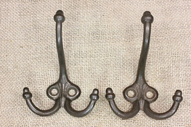 2 Old Triple Coat Hooks School Farm House Acorn Decorated 1880’s Antique Hangers