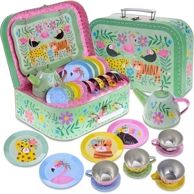 Jewelkeeper 15 Piece Kids Party Tin Tea Set for Toddlers - Pretend Toy Tea Set