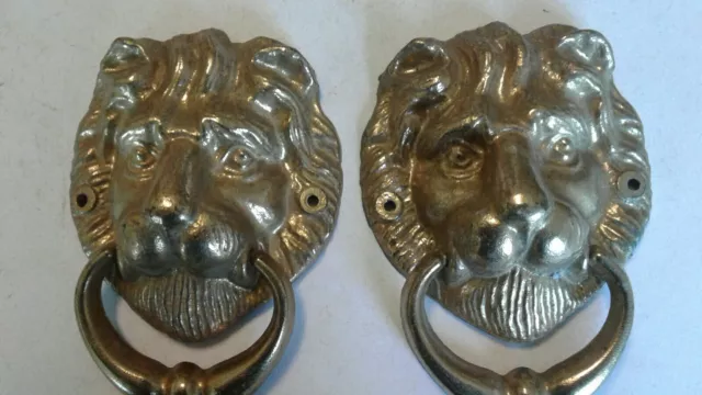 Vintage Brass Lion Head w/ Ring Drawer Cabinet Door Chest Pull Knob Lot Of 2