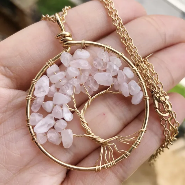 Rose Quartz Gem Tree Of Life Water-Drop Necklace Chakra Reiki Healing Amulet