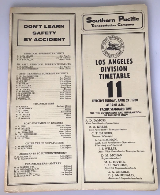 Southern Pacific Transp. Company Railway TimeTable 11 Los Angeles Ca 4/27/1980
