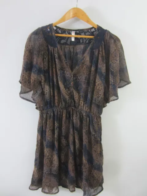 Xhilaration Womens XL Navy Blue Brown Animal Print Dress Lace SS V Neckline