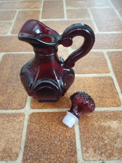 Vintage Avon 1876 Cape Cod Ruby Red Glass Cruet Bottle Pitcher W/Stopper Mini