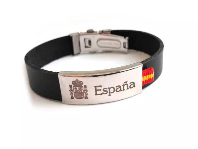 Pulsera De Cuero Con Placa Metalica Y Cinta Textil Bandera España Cierre Acero