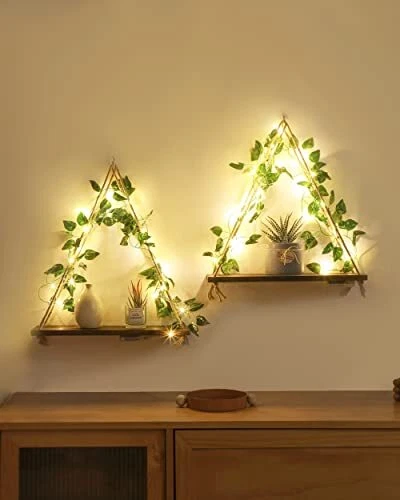Wall Hanging Shelves with Led-Strip, Boho Plant Shelf Home Decor, Brown