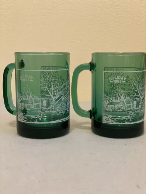 Set of 2 Holiday 1993 CURRIER & IVES Green Glass Coffee Mugs Made In The USA