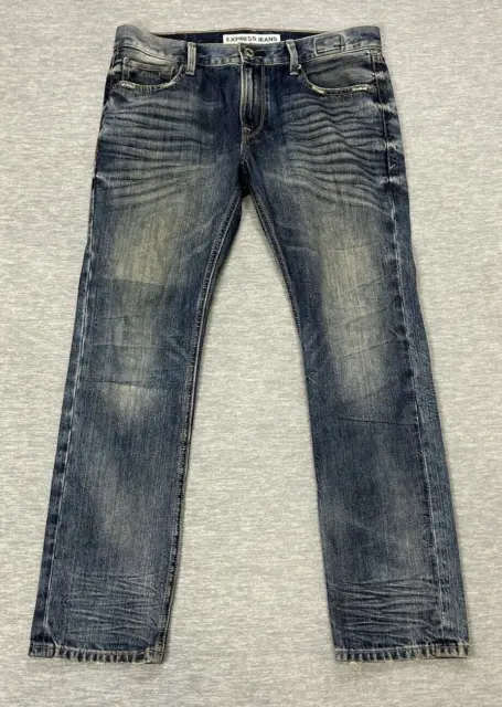 Express Jeans Mens 32 Blue Rocco Slim Fit Skinny Leg Whiskered Dark 32x30