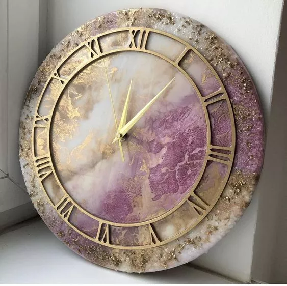 Resin Wall Clock for Home Decor Purple and Golden Geode modern design