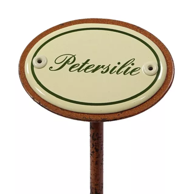 Kräuterschild Petersilie, Emaille Kräuterstecker, Beetstecker mit Erdspieß 25 cm