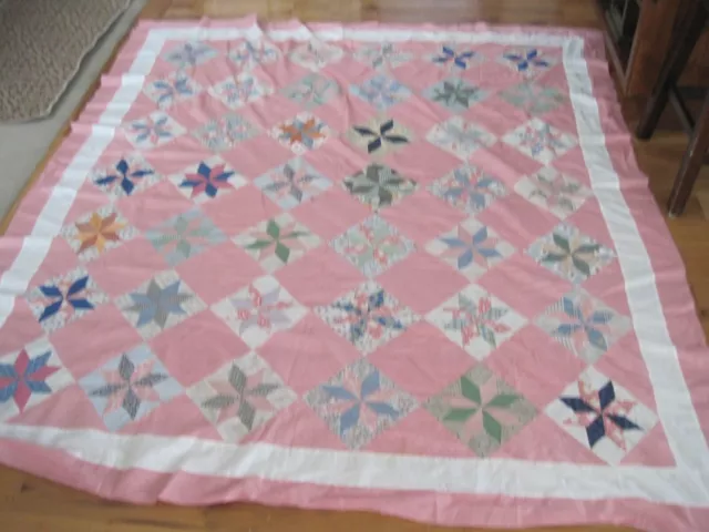 Pink Patchwork Star Quilt Top W/ Border Hand Pieced Blocks 86" x 75"