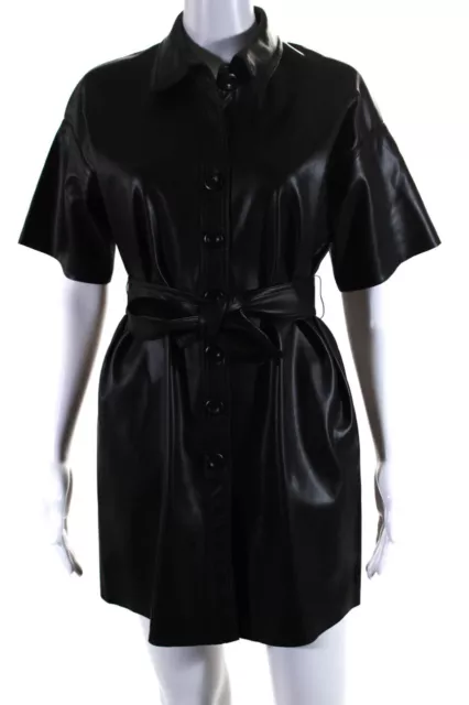 Zara Womens Short Sleeve Faux Leather Belted Shirt Dress Black Size Small