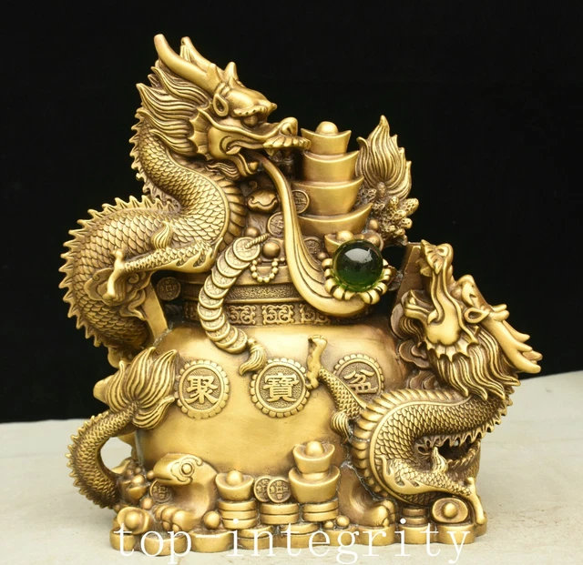 12.2'' Old China Pure Bronze Wealth Money Coin Yuanbao Dragon Turtle Statue