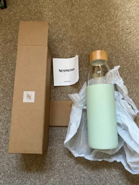 Nespresso Reusable 500ml Glass & Bamboo Water Bottle Pale Green Silicone Sleeve