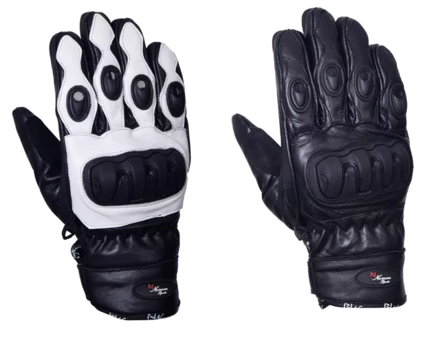 Short Leather Knuckle Protection Motorbike Motorcycle Gloves White or Black