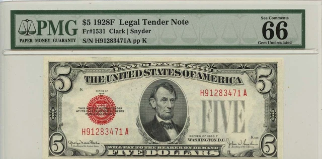 1928F $5 Legal Tender Red Seal Fr# 1531 PMG Gem 66EPQ