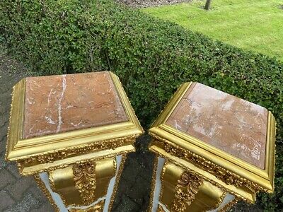 French Louis XVI style wooden Pedestal/Colums in Gold and White With Marble Top 3