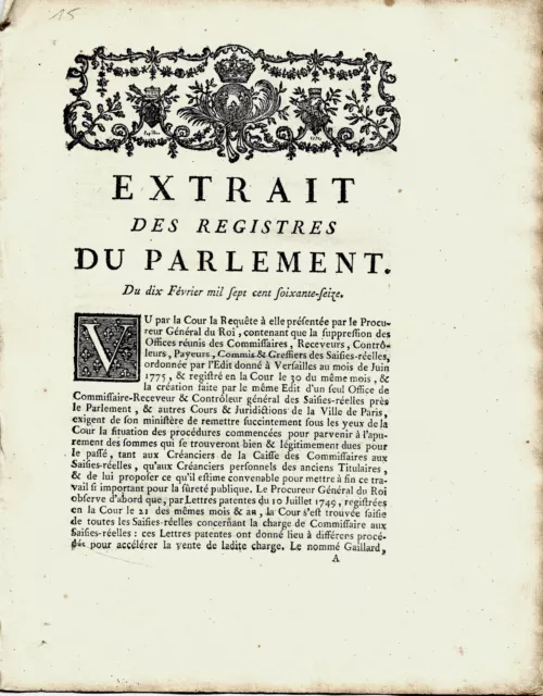 1776 Paris: extrait des Registres du Parlement suppression et création d'Offices