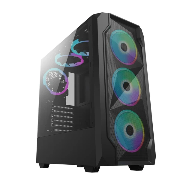 GAMING PC CASE RGB LED Mid Tower ATX Tempered Glass 6x Halo RGB Ring