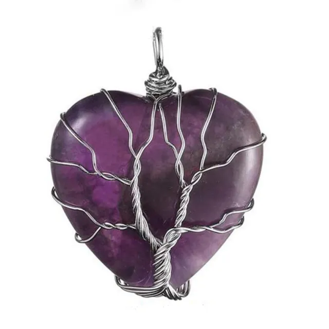 Natural Amethyst Crystal Quartz Heart Wire Wrap Tree Life Stone Pendant Necklace 2