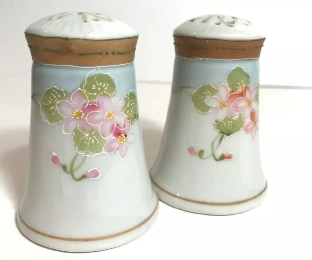 Antique Nippon Japan Pink Flowers Salt Pepper Shakers Hand Painted Moriage Gold