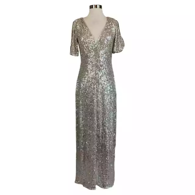 JS Collections Women's Formal Dress Gold Sequined Short Sleeve Gown Size 2