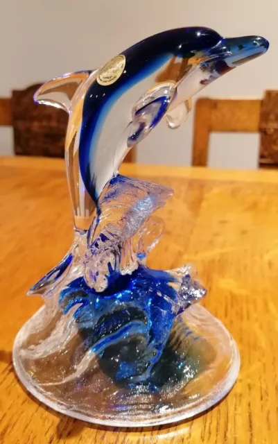 GLASS Blue & Clear DOLPHIN RIDING THE CREST OF A WAVE