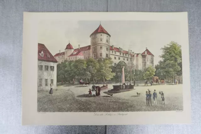 Schloß in Stuttgart  um 1850 Farbdruck eines Stich im Passepartoutdruck/Repro