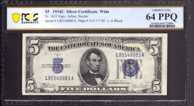 1934 C $5 Silver Certificate Note Fr.1653 La Block Pcgs B Choice Unc 64 Ppq