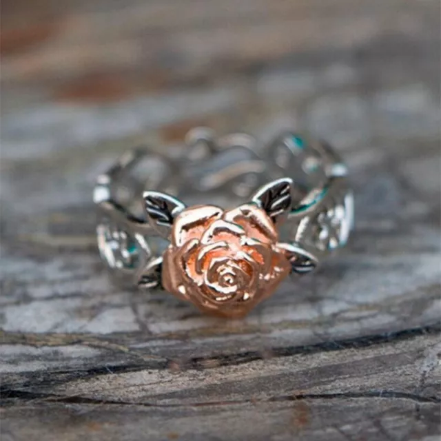 Rose Flower 925 Silver Gold Floral Ring Women Wedding Fashion Jewelry Size 6-10 3