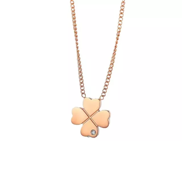 Rose Gold Titanium Flower 4-leaf Lucky Clover Black Pendant Chain Necklace
