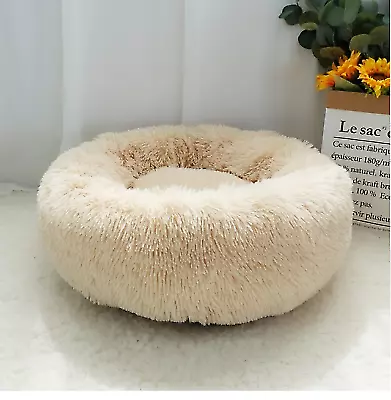 Luxury Small Beige Warm Fluffy Pet Bed Dog Puppy Kitten Fur Donut Cushion 50cm