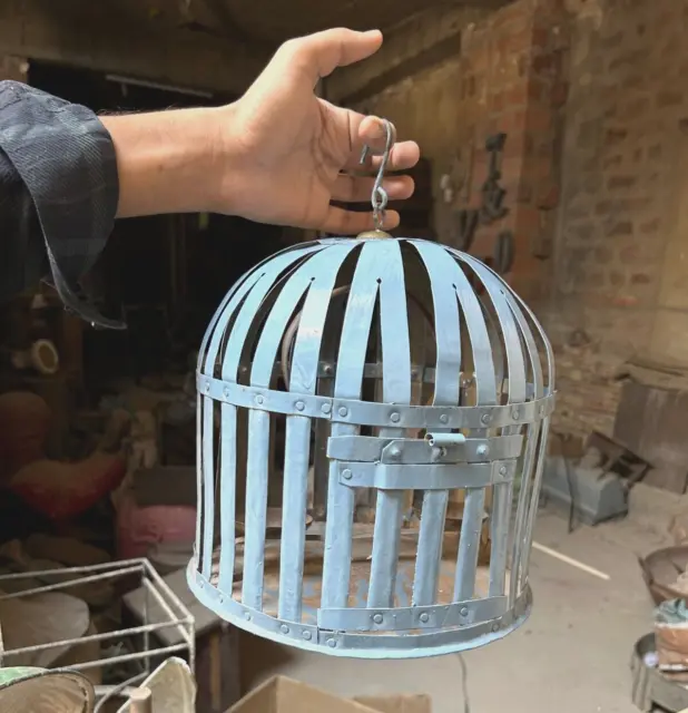 Rare Old Vintage Hand Forged Rustic Iron Bird Garden Cage Feeder