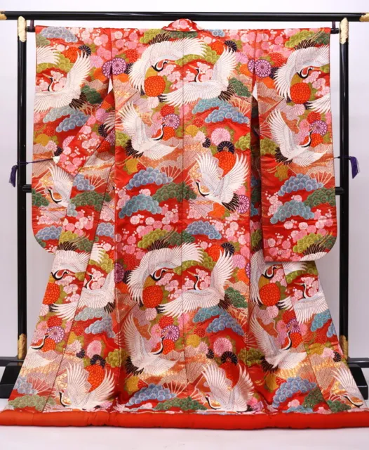 Uchikake Kimono Japanese Irouchikake, Used, Pure Silk, Red, Pine, Flying Cranes