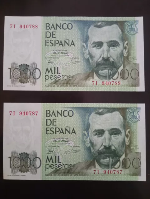 Pareja correlativa billetes de 1000 Pesetas 1979. Sin Circular.