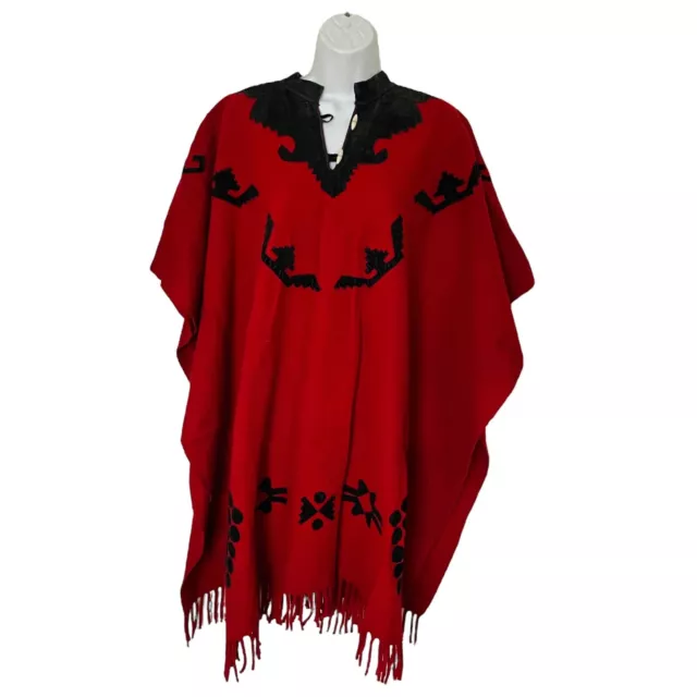 Vintage Poncho Red Black Velvet Grapes 50s 60s Fringed Cape Pullover TLC Flaws