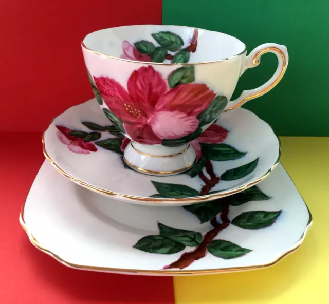 Vintage Tuscan China Tea Trio, Teacup, Saucer & Tea Plate "Red Hibiscus" 🌺🌺🌺