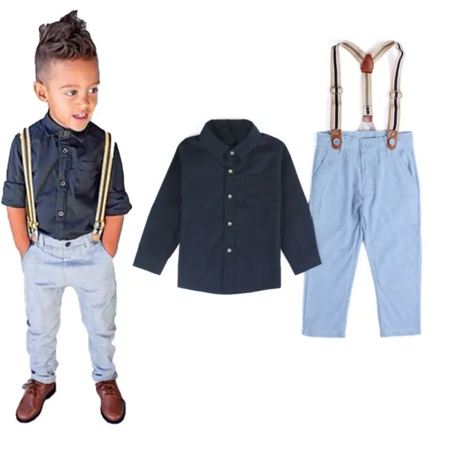 Kids Boy Formal Suit Outfit Long Sleeve Dress Shirts Suspender Pants Clothes Set