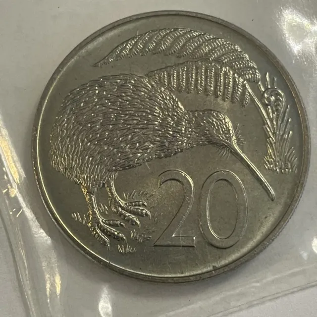 New Zealand 20 Cents 1969 Coin Kiwi Bird Queen Elizabeth II Uncirculated KM 36.1