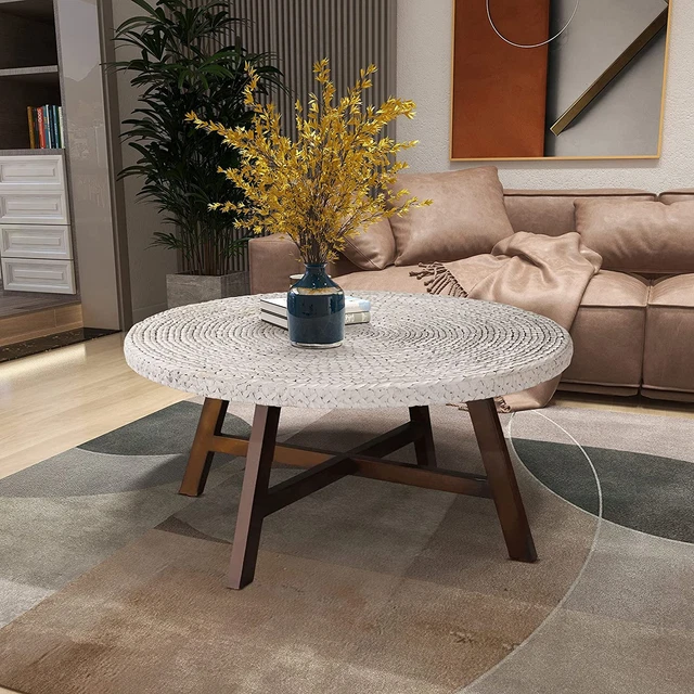 Round Coffee Table,Randefurn Seagrass Coffee Tables,Pine Wood X Base Frame Cockt