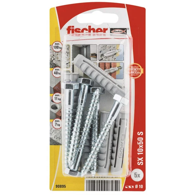 Enchufe de pared de expansión fischer 90895 SX con tornillo - 10 x 50 (Paquete de 5)