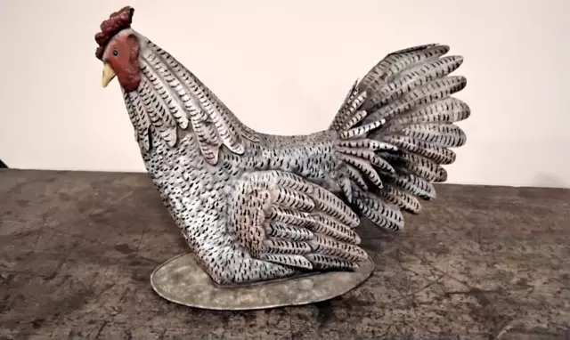 Nice 12" Tall Primitive Handmade & Painted Folk Art Tin Chicken, Nice Detailing