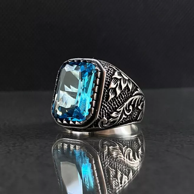 Solid 925 Sterling Silver AAA Blue Topaz Zircon Gemstone Handmade Mens Boys Ring