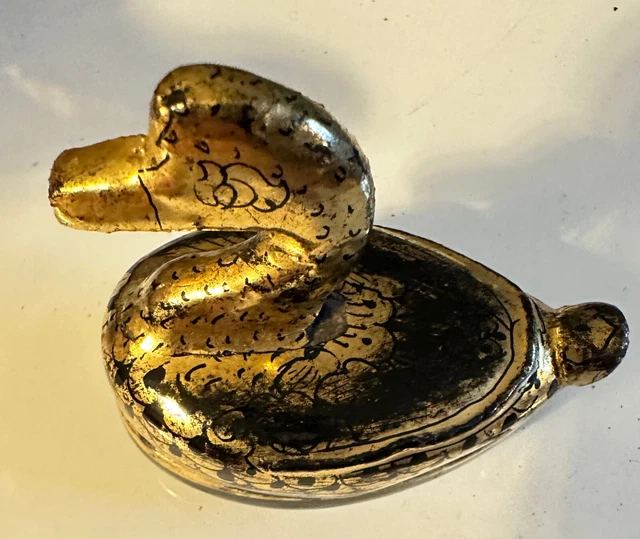 Vintage Burmese Black and Gilded Gold Leaf Lacquered Wooden Duck Trinket Box 2”
