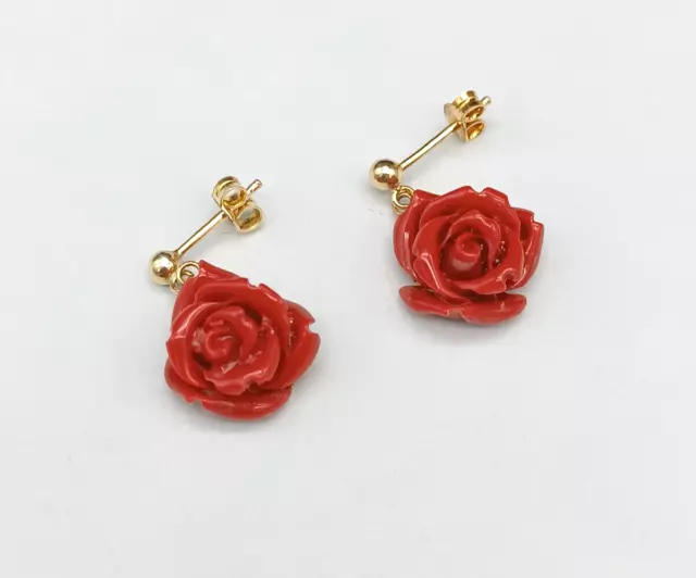 Pendientes Mujer Rosas Pasta De Coral Rojo Plata 925 Chapado en Oro Colgantes