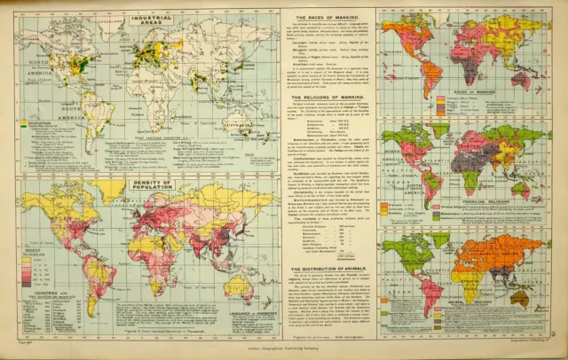 1909 Map World Industrial Races Mankind Density Population Religions Animal