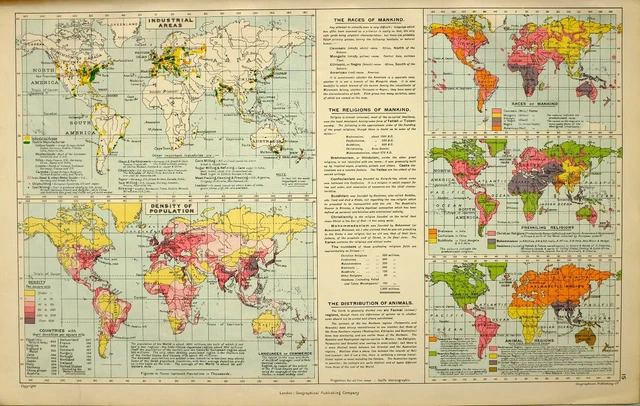 1909 Map World Industrial Races Mankind Density Population Religions Animal