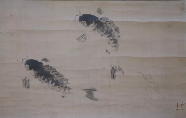 Antique Japan ink Zen scroll Koi carps 1800 Sumi-e art