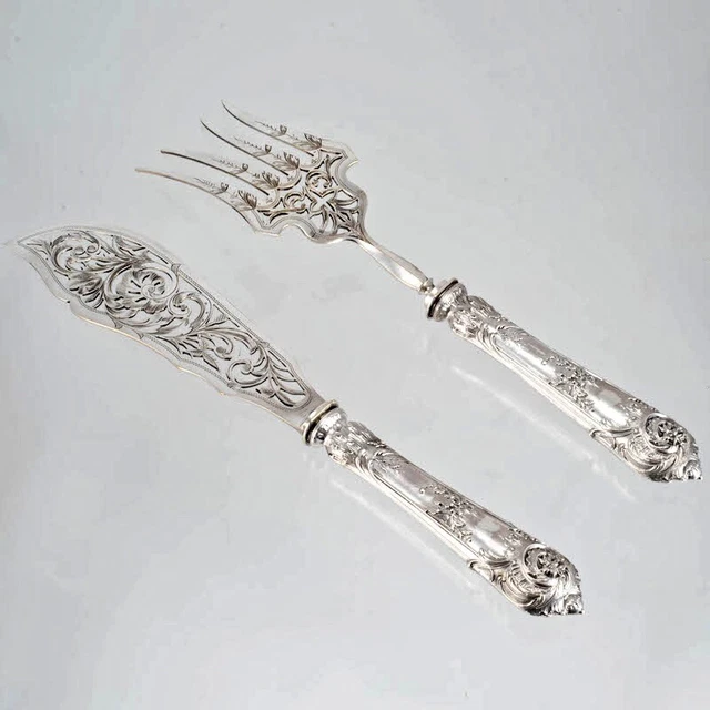 Antique French Sterling Silver Fish Server Serving Set W/Box Carving Fork Knife
