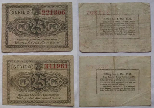 2 x 25 Pfennig Banknoten Notgeld Mecklenburg Schwerin ohne Datum (109155)